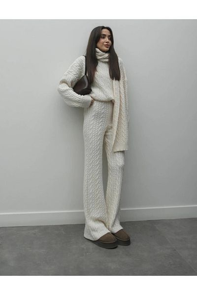 Bak'ap Premium Hair Braided Scarf Sweater Trousers 3-Piece Knitwear Set