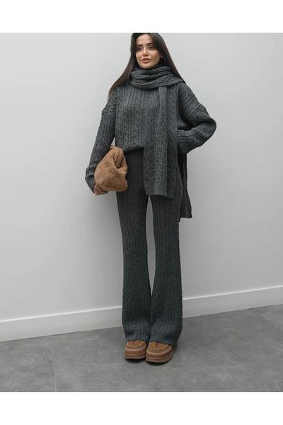Bak'ap Premium Hair Braided Scarf Sweater Trousers 3-Piece Knitwear Set