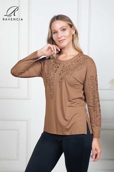 Ravencia Bluză din bumbac pieptănat pentru femei de vârstă mijlocie și peste, din țesătură din viscoză, cu modele florale, brodate cu piatră, lycra, muștar