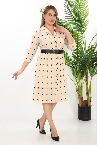 etselements Beige Double Breasted Neckline and Belt Polka Dot Evening Dress 7087