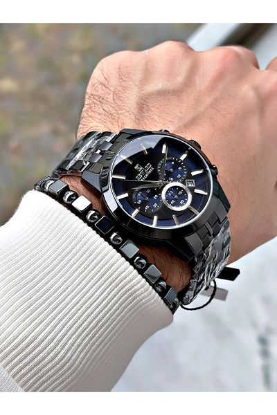 Reward Black Color Case Cord Steel Business Men's Wrist Watch+Bracelet