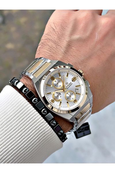Reward Gold Silver Color Steel Case Cord Business Series Men's Wrist Watch+Bracelet