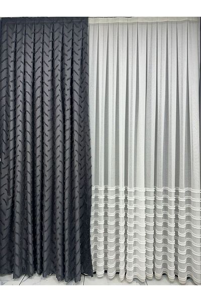 Taç Dark Grey Cotton Linen Cross Fringe - 1/3 Close Pleat, Single Wing