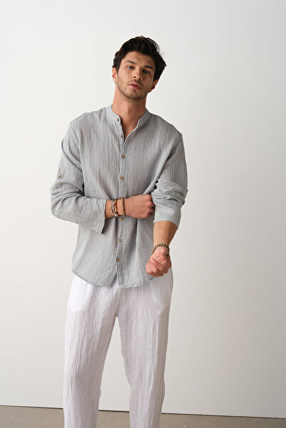 Sosyete Kaplumbağa Muslin Cotton Long Sleeve, Soft Judge Collar Men's Shirt