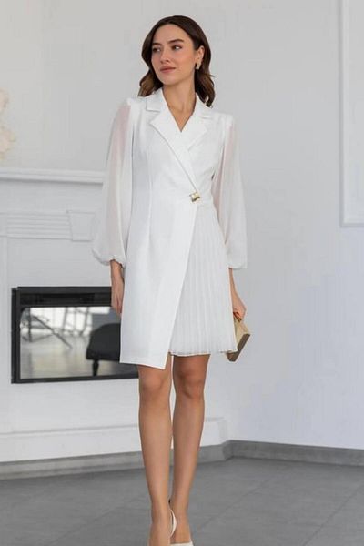 ZISHAN Jacket Collar Button Detailed Skirt Sleeves Tulle Pleated Women's Evening Dress 017