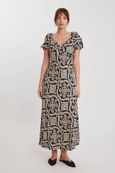 Vitrin Patterned Balloon Sleeve Long Dress
