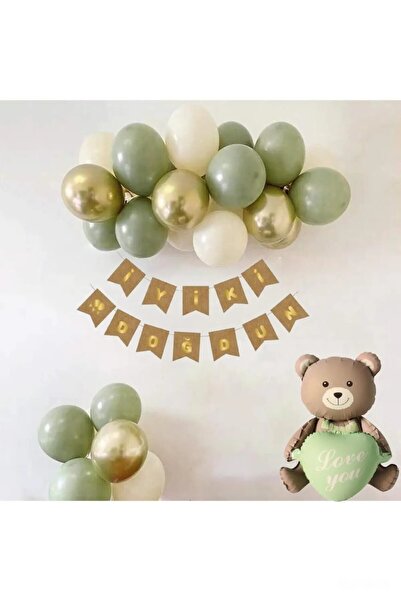 Bkmc Green Hearted Seating Bear Foil Ballone Birthday Party Set Ornament