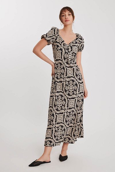 Vitrin Patterned Balloon Sleeve Long Dress