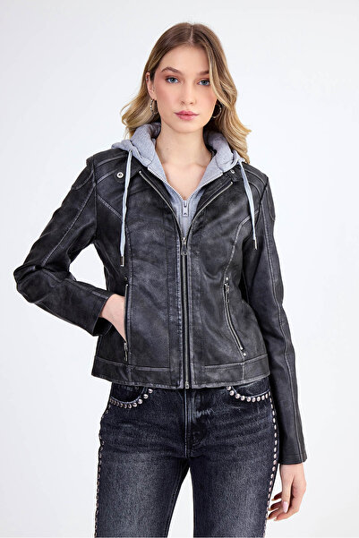 Vitrin Hooded Faux Leather Crop Biker Jacket
