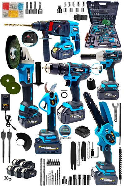 Lieber German Kömürsüz Brushless 6'lı Set 3 Akülü Somun Sökme-Taşlama-Darbeli Vidalama-Dal Budama & Kademeli Makas
