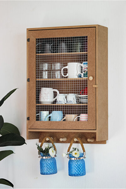 AN'GE Ahşap, Ham Mdf, Boyanabilir, Tek Kapaklı Çıkabilir Raflı Telli Dolap, Terek, Bardaklık, Baharatlık