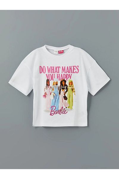 LC Waikiki Set de pijamale pentru fete cu imprimeu Barbie, alb, cu gâtul turn, LCW Kids