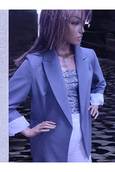 modayiğit Koyu gri Blezar kadın ceket beyaz çizgili astarlı katlamalı kol