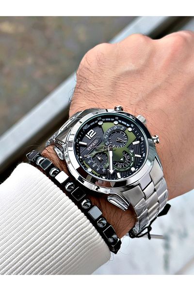 Reward Silver Color Sports Function Steel Band Men's Wrist Watch + Bracelet