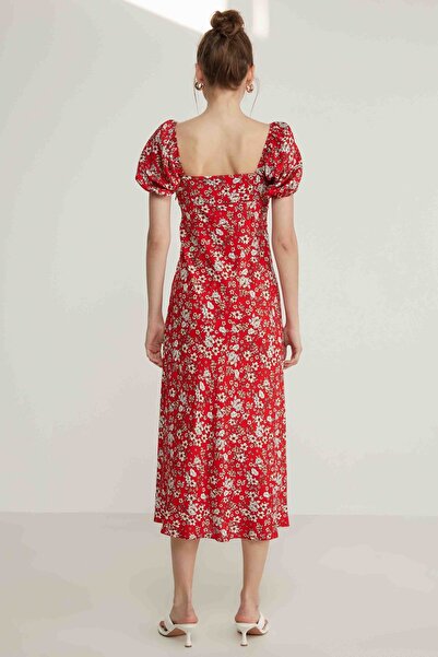 Vitrin Viscose Balloon Sleeve Flower Pattern Dress