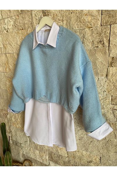 Hatun Atila HatunAtila 2414 Model Blue Tricot Pulover scurt