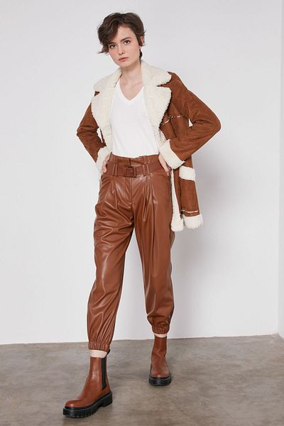 Vitrin Belted Leg Elastic Faux Leather Trousers
