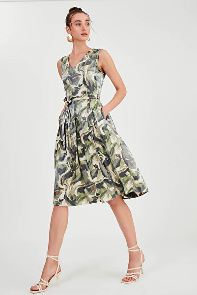 Vitrin Shiny Satin Patterned Dress with Tie Waist