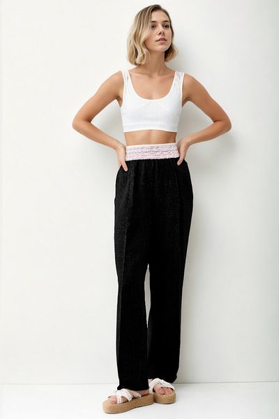 Vitrin Patterned Elastic Waist Wide Leg Trousers