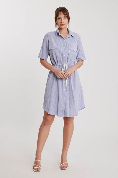 Vitrin Short Sleeve Striped Dress with Drawstring Waist