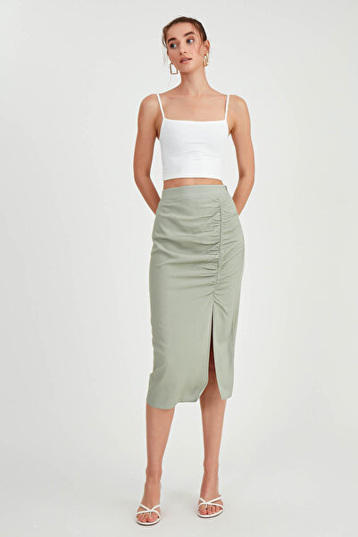 Vitrin Midi Skirt with Slits and Shirring