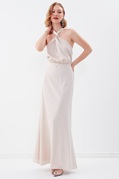 Vitrin Boyundan Bağlamalı Astarlı Uzun Elbise