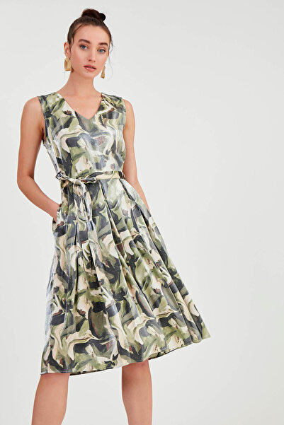 Vitrin Shiny Satin Patterned Dress with Tie Waist