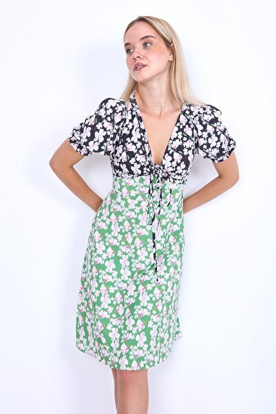 Vitrin V-Neck Garnished Floral Pattern Dress