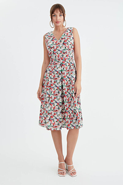 Vitrin Çiçek Desen Pileli Midi Boy Elbise