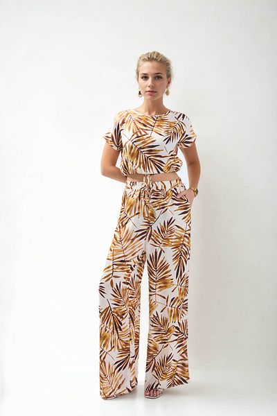 Vitrin Leaf Patterned Elastic Waist Loose Trousers