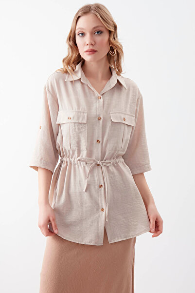 Vitrin Viscose Linen Shirt with Gathered Waist Flap Pocket