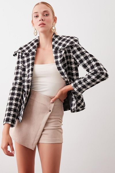 Vitrin Jacke mit Hahnentrittmuster und Kragen, einzelner Knopftasche und detailliertem Hahnentrittmuster