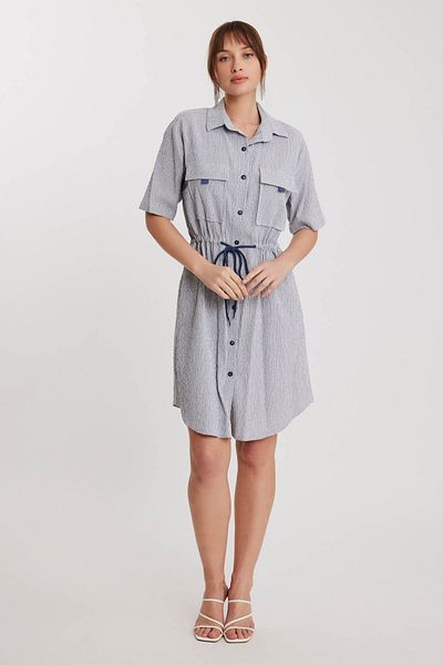 Vitrin Short Sleeve Striped Dress with Drawstring Waist