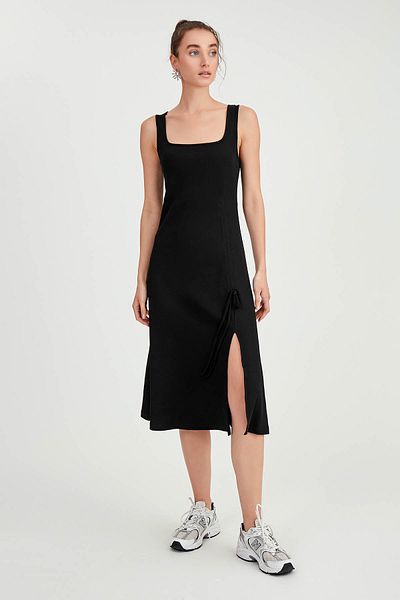 Vitrin Knitted Dress - Thick Straps, Gathered Front and Slit