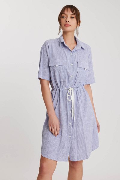 Vitrin Short Sleeve Striped Dress with Drawstring Waist