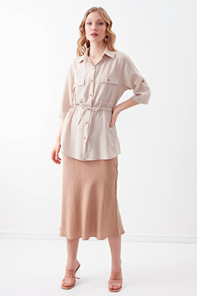 Vitrin Viscose Linen Shirt with Gathered Waist Flap Pocket