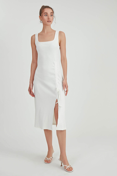 Vitrin Knitted Dress - Thick Straps, Gathered Front and Slit