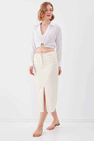 Vitrin Midi Length Denim Skirt with Front Slit