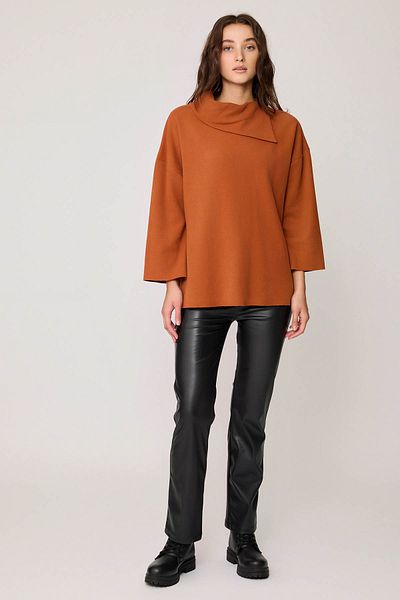 Vitrin Asymmetrical Collar Knitted Blouse with Slits on the Sides