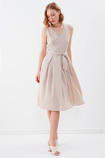 Vitrin V-Neck Pleated Tie Waist Dress