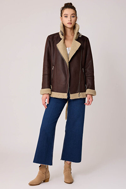 Vitrin Suni Deri Kemer Detaylı Kürklü Biker Ceket
