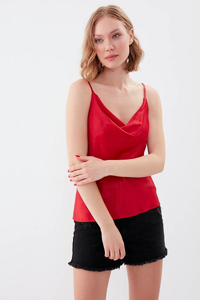 Vitrin Degaje Collar Satin Blouse with Rope Strap