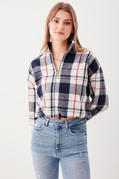 Vitrin Zippered High Collar Plaid Pattern Sweat