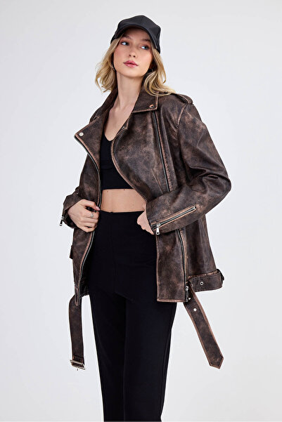 Vitrin Belted Faux Leather Jacket with Epaulette Detail on Shoulder