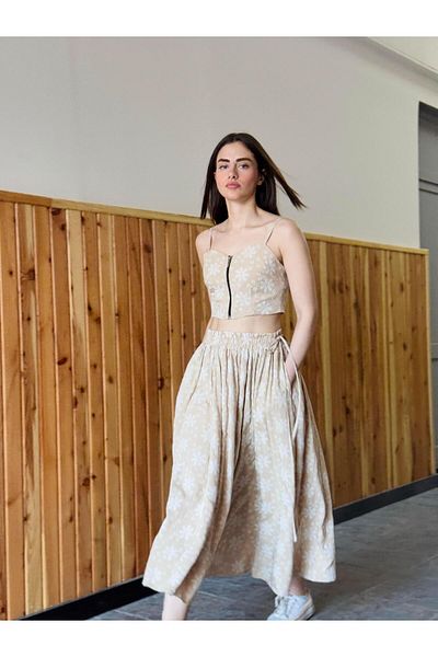 Retrobird Sand Colored Circle Flared Maxi Length Women's Skirt