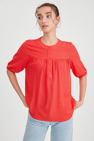 Vitrin Viscose Linen Blouse - Half Sleeve and Button Detail