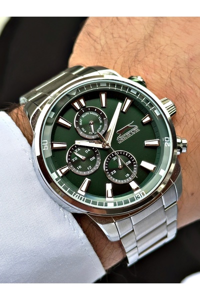 Slazenger ساعة يد رجالية بحزام فولاذي مقاوم للماء 5 Atm باللون الفضي والأخضر ...