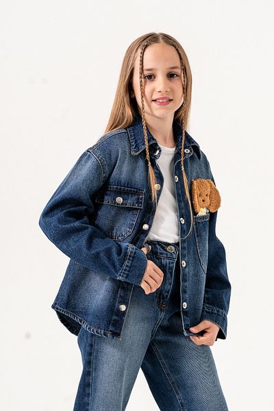 GİYİCEM TEKSTİL Cămașă din denim cu câine brodat pentru fetiță 3137