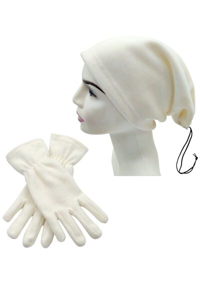 AXE SPORTSWEAR Women's Winter Ecru Thermal Fleece Gloves - Cap Beanie Drawstring Fleece Neck Collar Set of 2