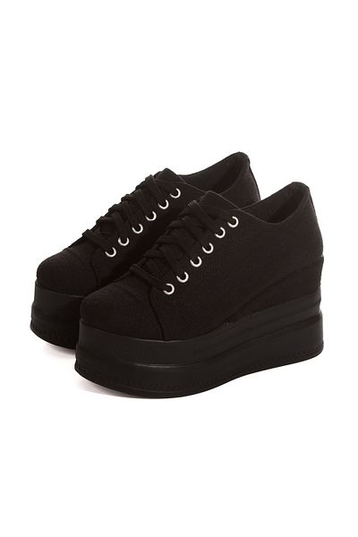 Ayakkabı Tutkusu Stilo ® Black Linen Wedge Sole High Heel Shoes 9cm Extreme Comfortable